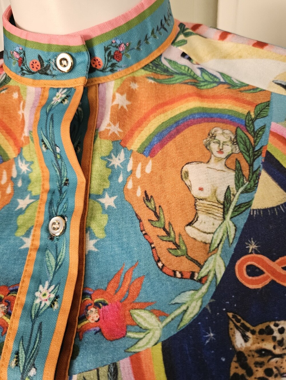 Pink Ripple Dress L Celestial Rainbow Zodiac Maximalist Boho Puff Sleeve Mini - Picture 5 of 10